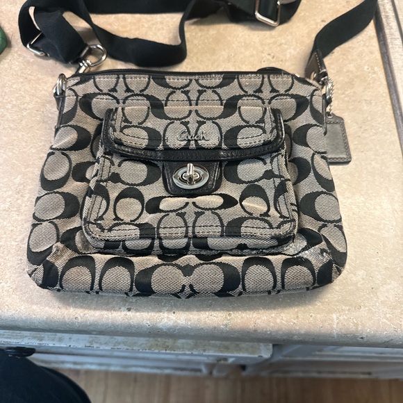 Coach Handbags - Coach Black and Khaki Signature Canvas Small Crossbody Bag